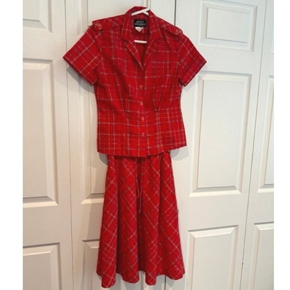 Vintage 80s Patty Woodward Red Plaid Skirt Set Button Up Short Sleeve - Picture 2 of 7